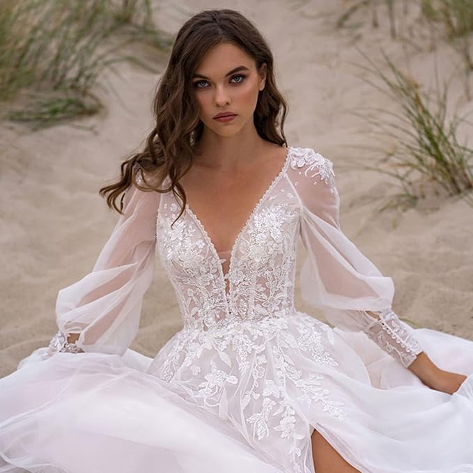 Layout Niceb Beach Tulle Abito da sposa per donne Appliques in pizzo a V-Neck High Side Spame Treins su misura Vestitido De Noiva