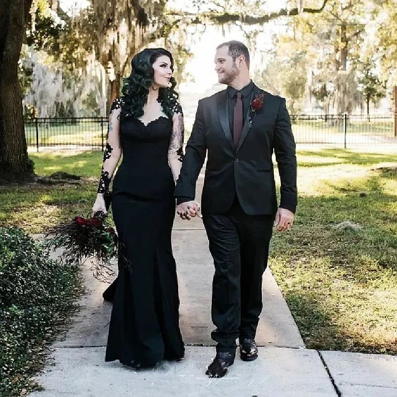 Lace Appliqued Wedding Dresses For Women Black Wedding Dresses Sexy Mermaid Vestidos De Novia Tulle Sweep Train Vestidos De Boda Black