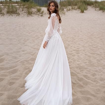 Musetta Beach V-Ausschnitt Einfache Brautkleider Puffärmel hoher Schlitz Rückenfreies Brautkleid Spitze Applikat Tüll Robe de Mariéee