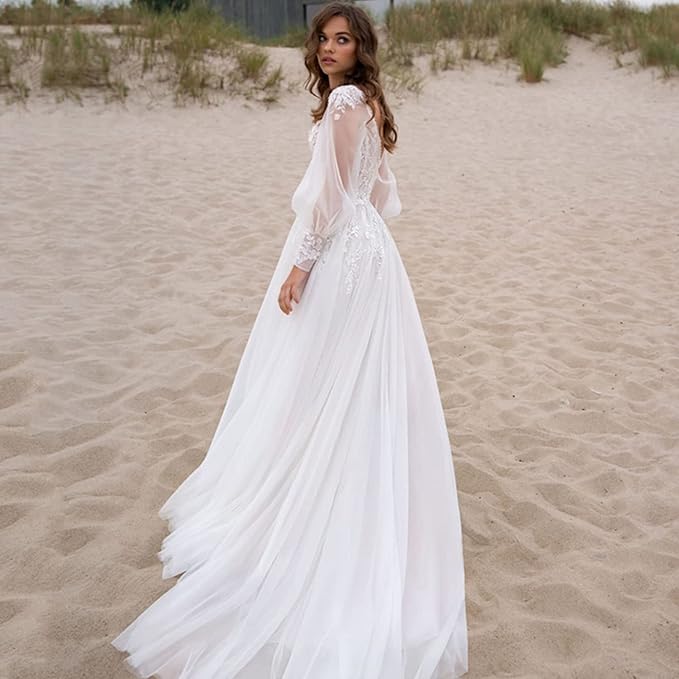 Layout Niceb Beach Tulle Abito da sposa per donne Appliques in pizzo a V-Neck High Side Spame Treins su misura Vestitido De Noiva