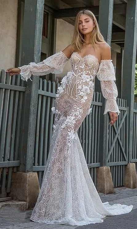 Sweetheart Lace Mermaid Wedding Dresses Detachable Sleeves Flowers Trumpet Bridal Gowns Backless Long Bride Dresses WHITE