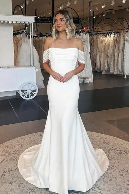 Robes De mariée sirène plissées à épaules dénudées, simples, avec traîne à balayage, sur mesure, Rode De Morrie