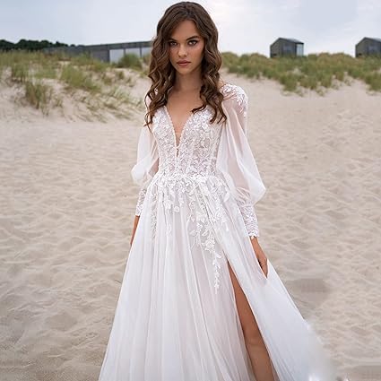 Musetta Beach V-Neck Simple Wedding Dresses Puff Sleeves High Slit Backless Bridal Gown Lace Applique Tulle Robe De Mariée