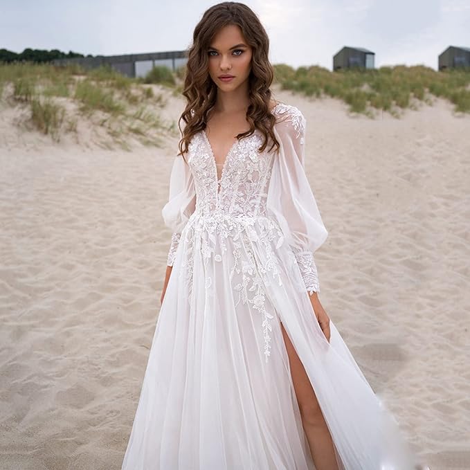 Layout niceb Beach Tulle Hochzeitskleid für Frauen V-Ausschnitt Spitzen Applikationen High Side Split Sweep-Züge maßgeschneiderte Vestido de noiva