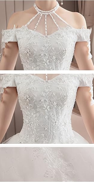 Elegant Crystal Halter Lace Appliques Ball Gown Wedding Dresses Off The Shoulder Tulle Backless Bridal Gowns