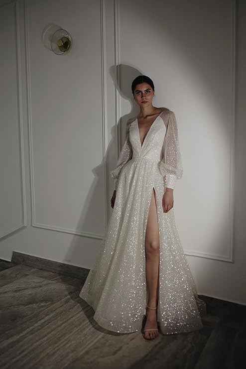 Vestido De Novia con escote en V profundo y purpurina, Vestido De Novia De manga larga con abertura y espalda abierta, Vestidos brillantes De Novia