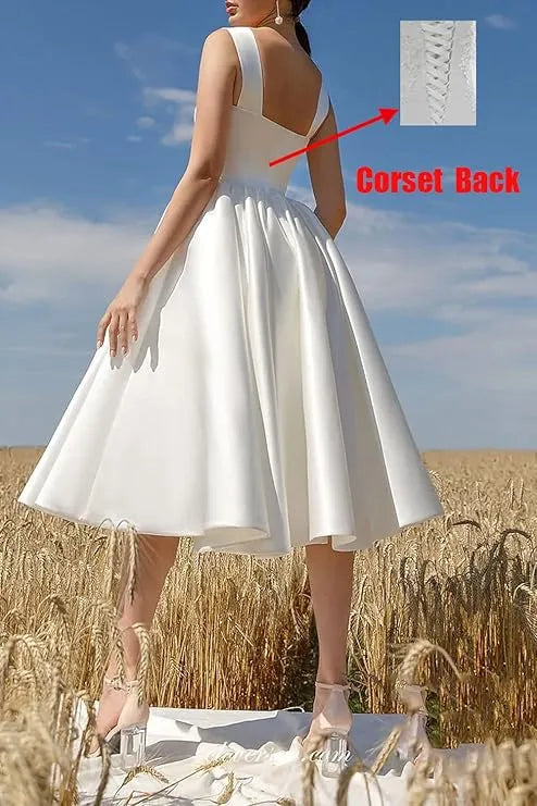 Short Wedding Dress Simple Satin Spaghetti Strap A-Line Bridal Gowns White Knee Length Robe De Mariee Sleeveless Gorgeous Beach 14w