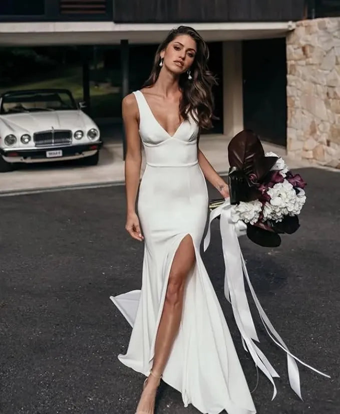 Deep V-Neck Sleeveless Simple Mermaid Wedding Dress Crepe Open Back High Side Slit Floor Length Bridal Gown Custom Made Ivory 20w