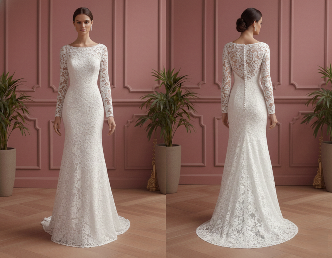 Short Heavy Lace Sleeve Wedding Dress Winter Church Style