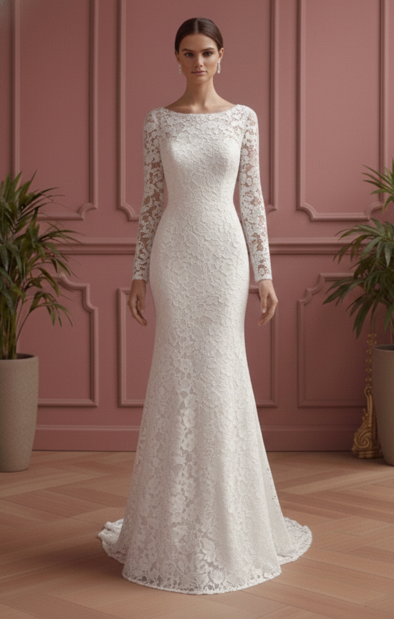 Short Heavy Lace Sleeve Wedding Dress Winter Church Style