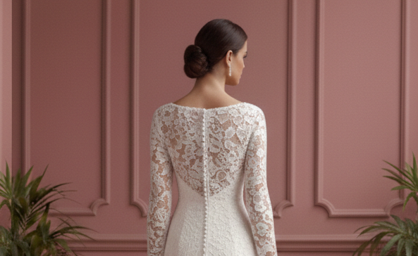 Short Heavy Lace Sleeve Wedding Dress Winter Church Style