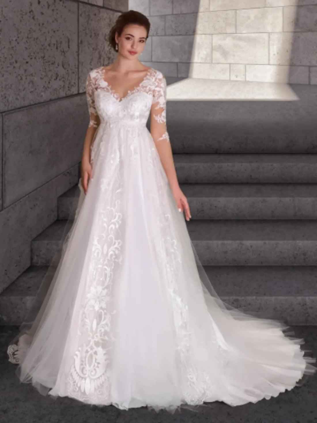 Pregnant Wedding Dress Lace Applique Tulle 3/4 Sleeves A Line Bridal Gown Bride Women Formal Party Elegant Custom made Ivory