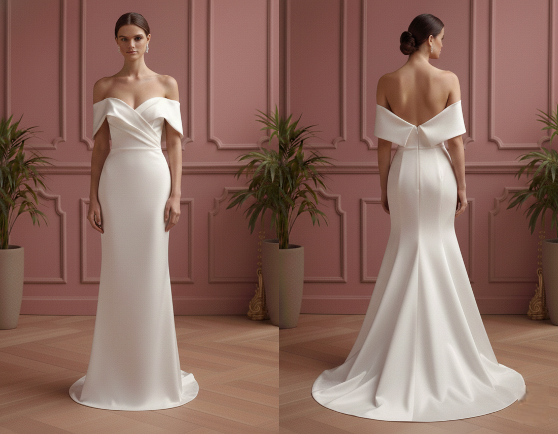Off Shoulder Sleeve Wedding Dress Short Elegant Satin Gown