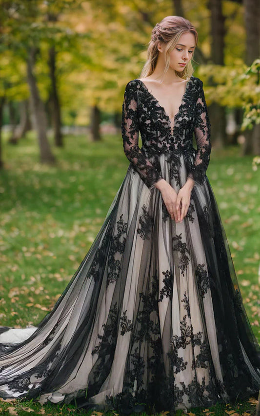 Lace Embroidery Long Sleeves A-line Tulle Prom Dress Sexy V-neck Backless فستان حفلات الزفاف French Style Wedding Dress