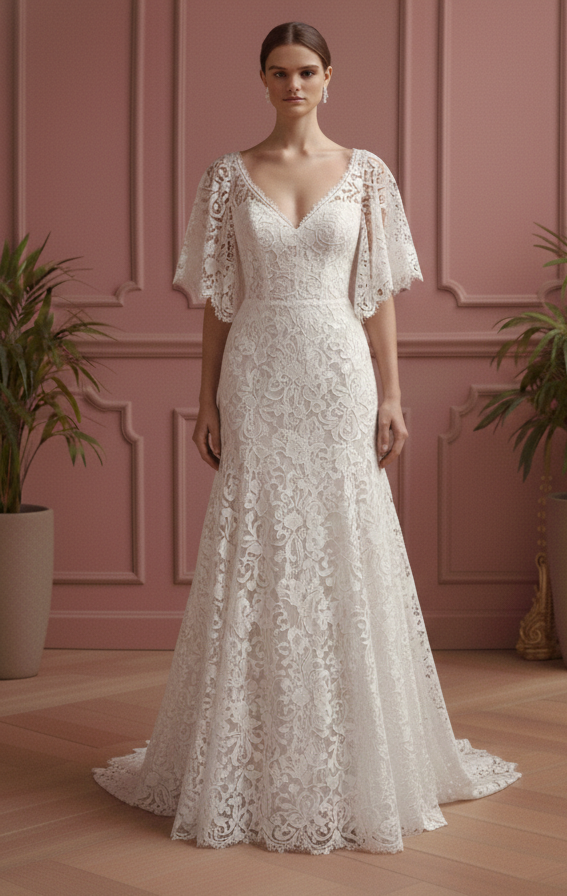 Short Flutter Sleeve Wedding Dress Boho Lace Bridal Gown