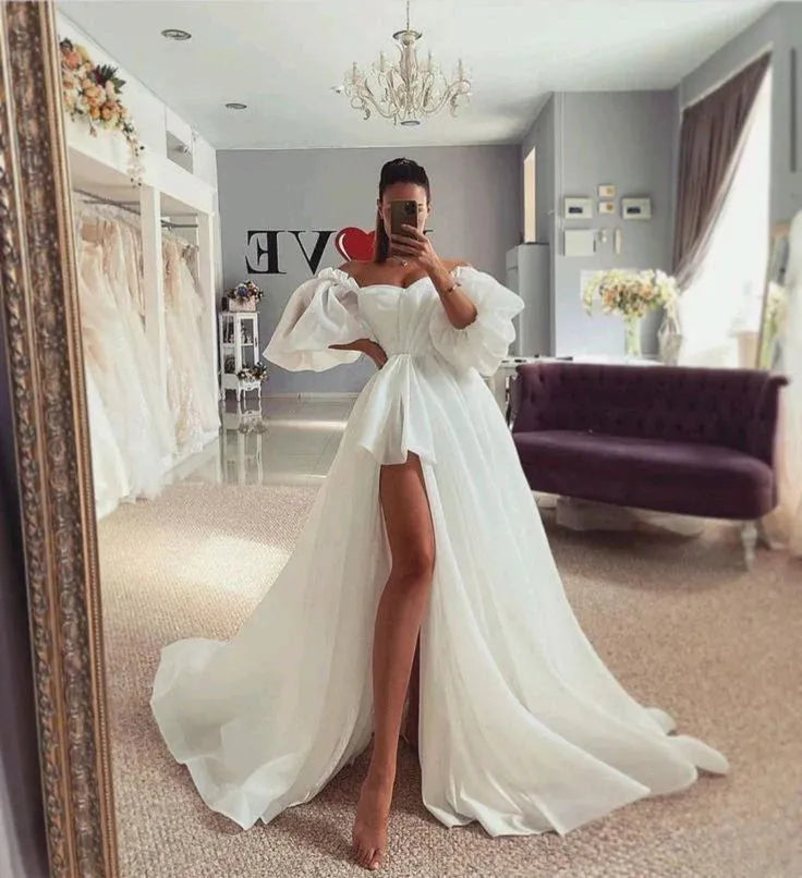 Elegant White Bow Wedding Dresses Puff Sleeve Side Split Boho Bride Dress Off Shoulder A-Line Wedding Gown Ivory 24w