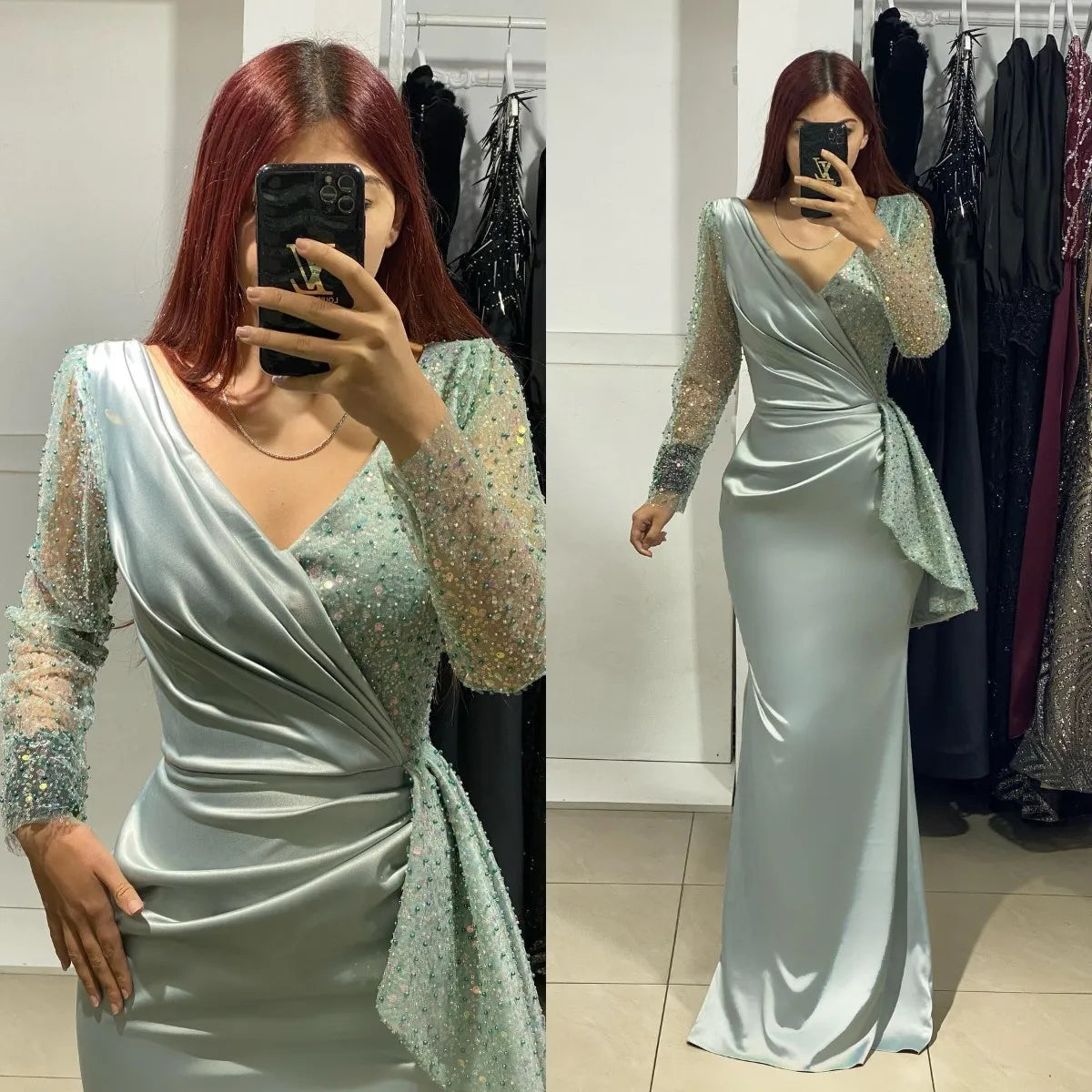 Luxury Mermaid Robes De Soirée Long Sleeve Prom Evening Dresses Silk Fishtail Prom Dresses Sequins Vestidos De Fiesta