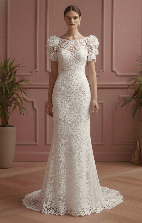 Tea Rose Sleeve Wedding Dress Floral Short Lace Bridal Gown