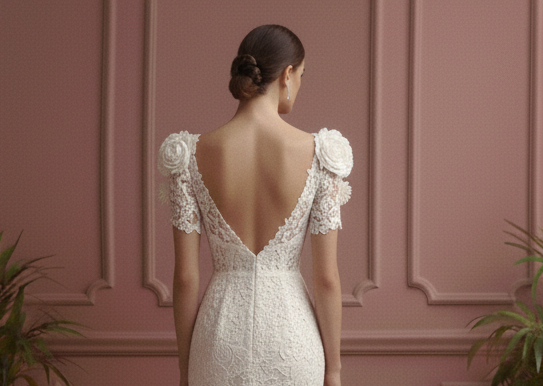 Tea Rose Sleeve Wedding Dress Floral Short Lace Bridal Gown