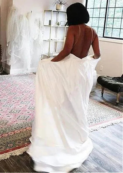 Wholesale Spaghetti Straps Sexy V Neck White Satin Wedding Dresses with Pockets Elegant Bridal Gowns Robe De Mariee 14w