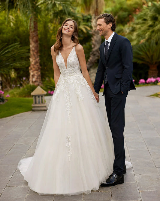 Vestido de novia elegante, apliques de encaje para novia, vestidos de novia para mujer, vestidos de tul con espalda descubierta, hechos a medida 