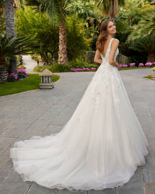 Vestido de novia elegante, apliques de encaje para novia, vestidos de novia para mujer, vestidos de tul con espalda descubierta, hechos a medida 