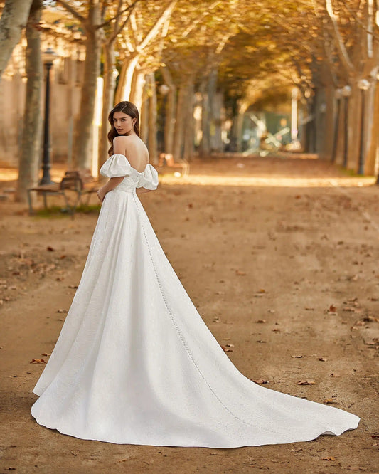 A-Line Wedding Dress with Puffed Sleeves Satin Modern Princess Vestido De Novia Bridal Gown Bow Satin Court Train Mermaid