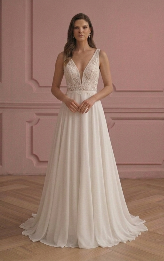 Elegant A-Line Wedding Dress V-Neck Sleeveless Formal Gown