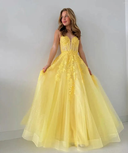 Yellow Lace Appliques Prom Dresses Tulle A-line vestidos de noche Elegant Puffy Sleeves Spaghetti Strap Formal Evening