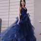 Vestidos de Noche azul marino, volantes largos, plisados ​​de tul, tirantes finos, abertura frontal, vestidos formales para fiesta de graduación para mujer, hechos a medida