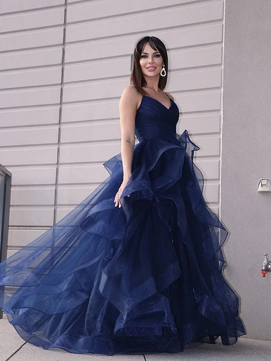 Vestidos de Noche azul marino, volantes largos, plisados ​​de tul, tirantes finos, abertura frontal, vestidos formales para fiesta de graduación para mujer, hechos a medida