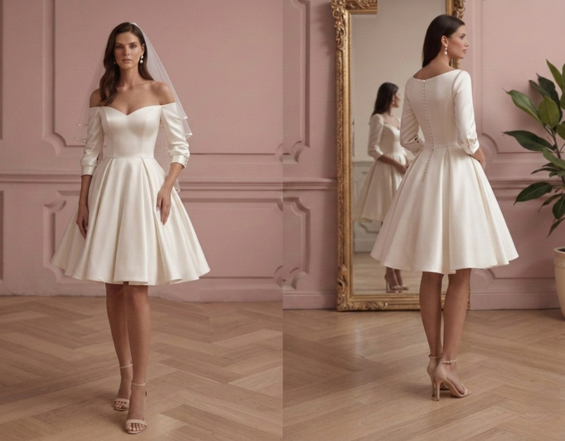 Short Satin Ball Gown Sleeve Wedding Dress Royal Elegant