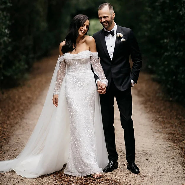 Booma – robe de mariée sirène à paillettes, avec traîne en Tulle détachable, manches longues, épaules dénudées, dos nu, pour femmes, 2023