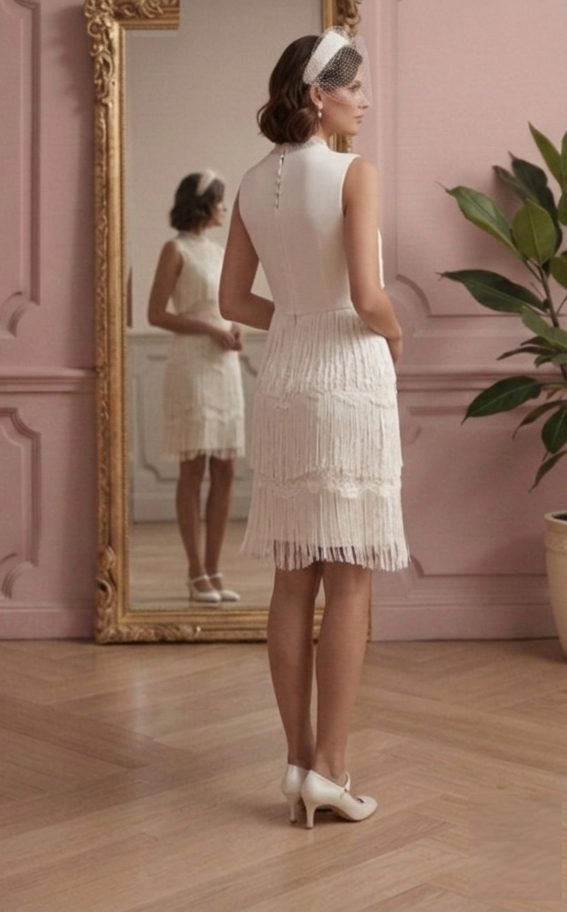 Fringe Wedding Dress Retro Classic Short Modest Style Bridal