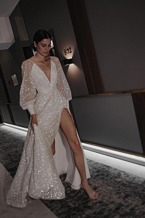 Robe De mariée Sexy à paillettes, col en V profond, manches longues, ligne A fendue, dos ouvert, robes De mariée brillantes