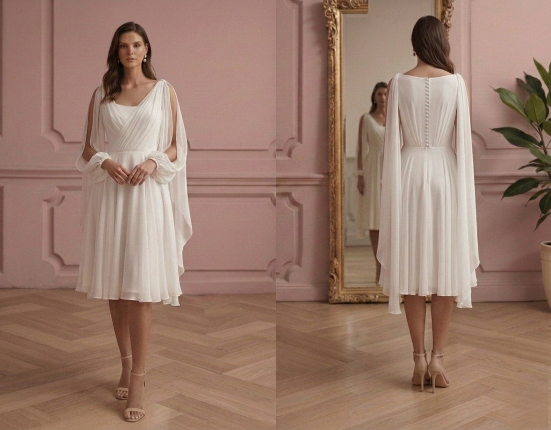 Draped Sleeve Wedding Dress Greek Short Style Chiffon Gown