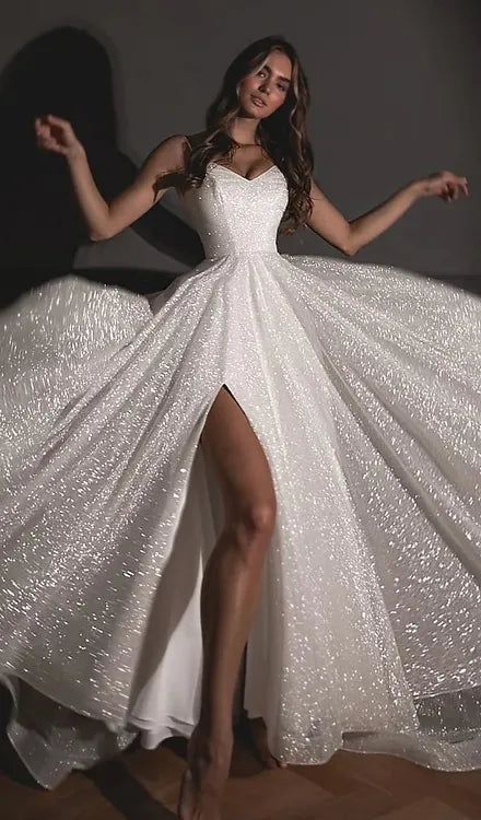 Vestidos de novia brillantes con cuello en V y tirantes finos, vestidos de fiesta de novia con purpurina y abertura lateral, Hochzeitskleid hechos a medida 