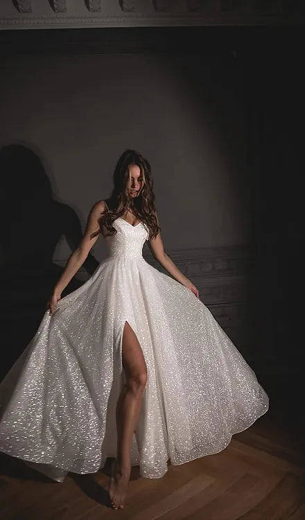 Vestidos de novia brillantes con cuello en V y tirantes finos, vestidos de fiesta de novia con purpurina y abertura lateral, Hochzeitskleid hechos a medida 