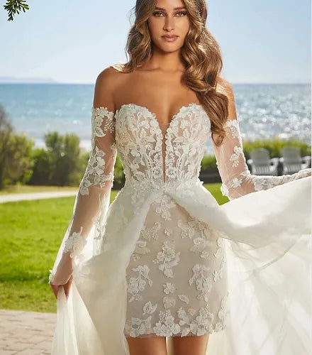 Popular Sweetheart Full Lace Short Shearth Wedding Dresses With Detachablt Train 2 In 1 Bridal Grown 2024 Rode De Morrie