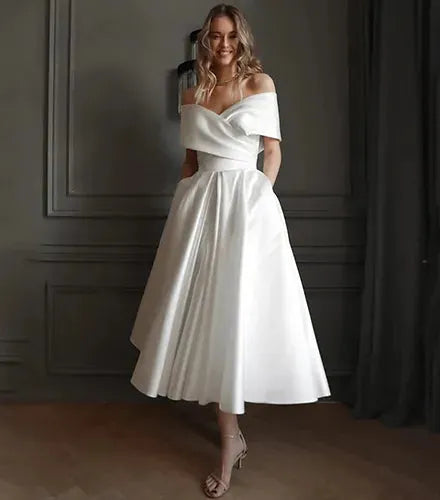 White Satin Prom Dresses Off the Shoulder A-line vestidos de noche Elegant Sleeveless Ankle-Length Formal Evening as pic