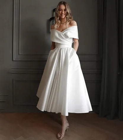 White Satin Prom Dresses Off the Shoulder A-line vestidos de noche Elegant Sleeveless Ankle-Length Formal Evening