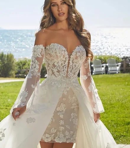 Popular Sweetheart Full Lace Short Shearth Wedding Dresses With Detachablt Train 2 In 1 Bridal Grown 2024 Rode De Morrie