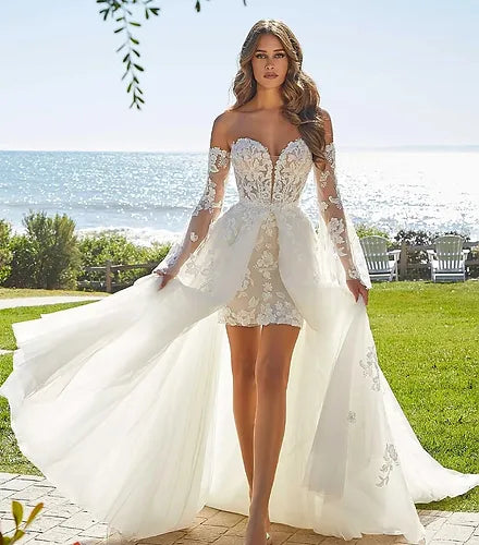 Popular Sweetheart Full Lace Short Shearth Wedding Dresses With Detachablt Train 2 In 1 Bridal Grown 2024 Rode De Morrie