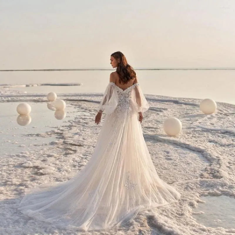 Vestidos de novia bohemios elegantes para mujer, apliques de manga de burbuja, vestidos de novia sexis con espalda abierta, fiesta Formal en la playa 