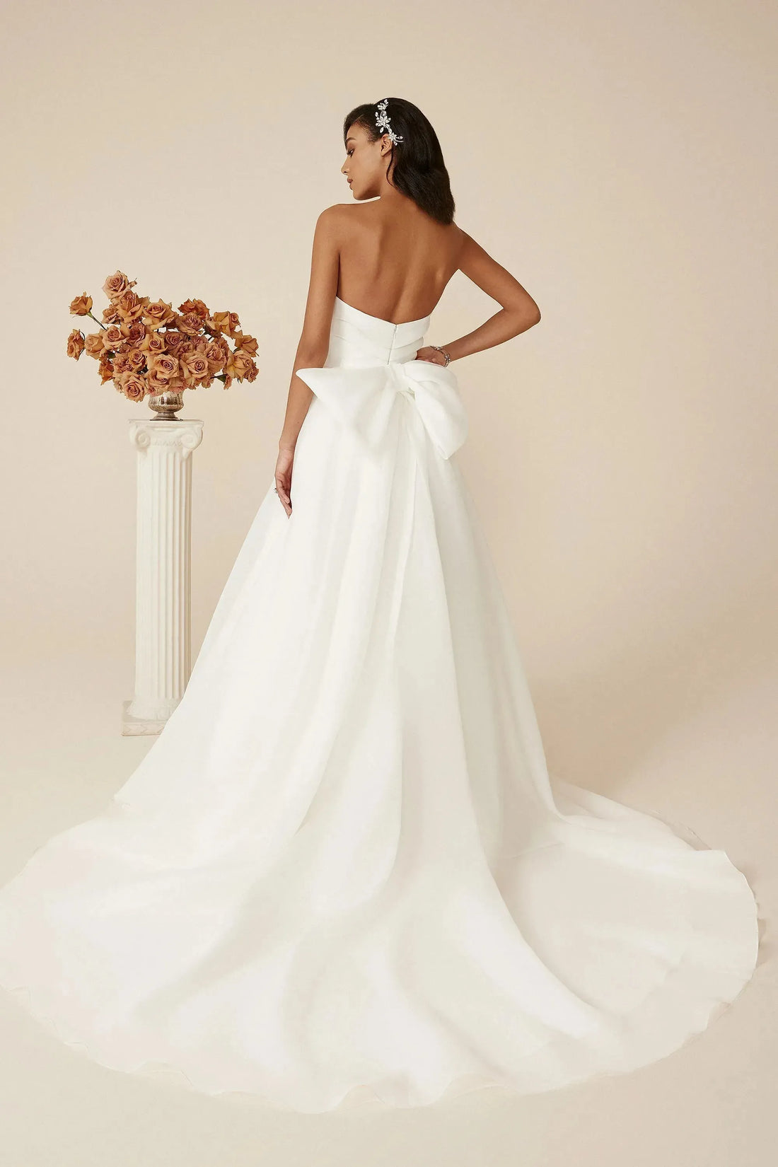 Modern Strapless Organza A-Line Wedding Gown with Pleated Straight Neckline Satin