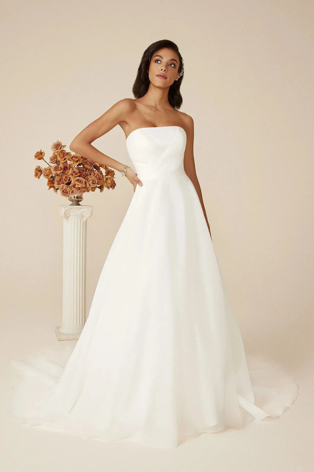 Modern Strapless Organza A-Line Wedding Gown with Pleated Straight Neckline Satin