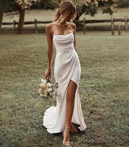 Plażowa satyna prosta syrena biała suknia ślubna Paski spaghetti High Slit Backless Plain Bridal Suknia Sweet Train Vestido de