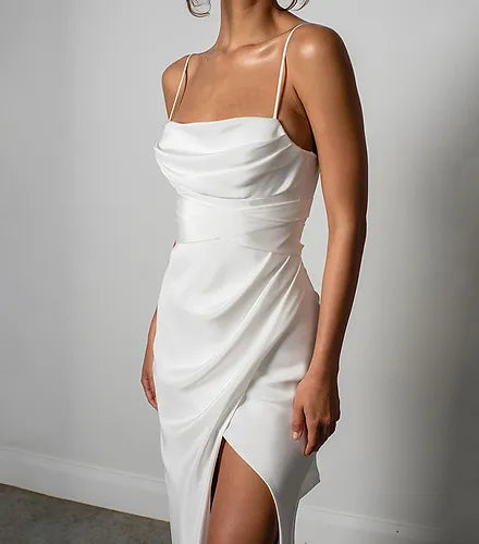 Plage Satin Simple sirène blanc robe de mariée bretelles Spaghetti haute fente dos nu plaine robe de mariée balayage Train Vestido de