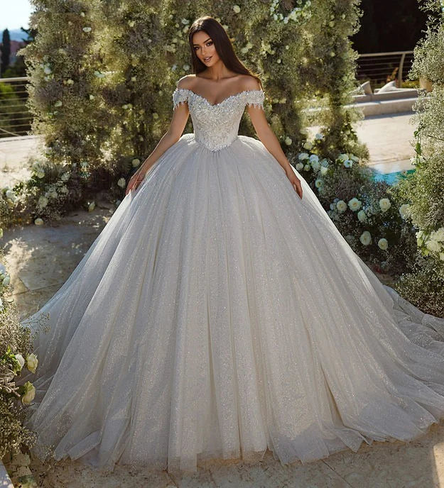 Vestidos de novia de encaje brillante, vestido de novia brillante con hombros descubiertos, apliques sin espalda, vestidos de novia con flores en 3D, vestido de novia princesa 