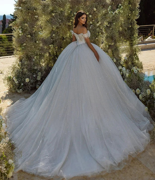 Vestidos de novia de encaje brillante, vestido de novia brillante con hombros descubiertos, apliques sin espalda, vestidos de novia con flores en 3D, vestido de novia princesa 